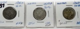3 Austria Silver Coins: 2-1/4 Florin (1858A, 59B), 20 Kroner 1869