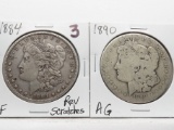 2 Morgan $: 1884 VF rev scrs, 1890 AG