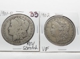 2 Morgan $: 1901-O G rev scr, 1902 VF