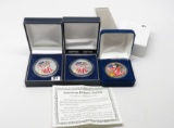 3 Colorized Silver American Eagles, each boxed: 2-1999, 2000