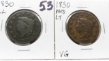 2 Large Cents: 1830 LL G rotated rev, 1830 Medium Letter VG