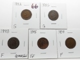 5 Indian Cents: 1882 G, 1886 G, 1893 F corr, 1895 EF, 1909 EF