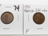 2 Lincoln Cents: 1909 VDB AU, 1955 Partial Dbl Obv F