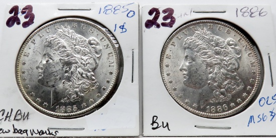 2 Morgan $: 1885-O CH BU few bag marks, 1886 BU