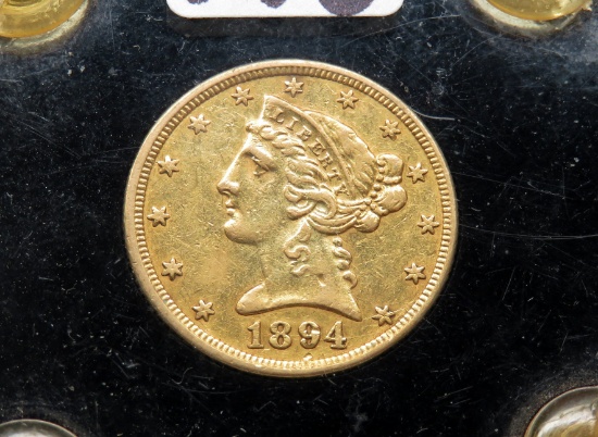 $5 Gold Half Eagle 1894 VF in scratched Capitol Plastic
