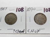 2 Liberty V Nickels: 1889 VF ?clea, 1890 CH VF
