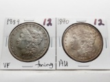 2 Morgan $: 1889 VF toning, 1890 AU