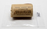 Federal Reserve Bank Roll (20) 1964 Kennedy Half $, end coins toned, unopened by us