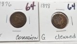 2 Indian Cents: 1876 Fine corr, 1878 G clea