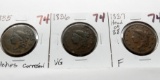 3 Large Cents: 1835 VG scrs corr, 1836 VG, 1837 Head of 38 Fine