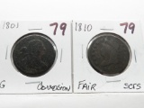 2 Type Large Cents: Draped Bust 1801 G corr, Classic Head 1810 Fair scrs