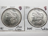 2 Morgan $: 1889 Unc fine lines, 1890 Unc ?whizzed