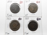 4 Braided Hair Large Cents 1845 F; 47 VF; 52 F; 53 F
