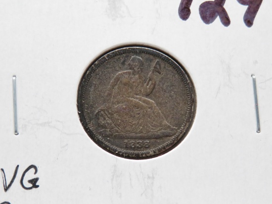 Seated Liberty Dime 1838-O VG rev damage, better date