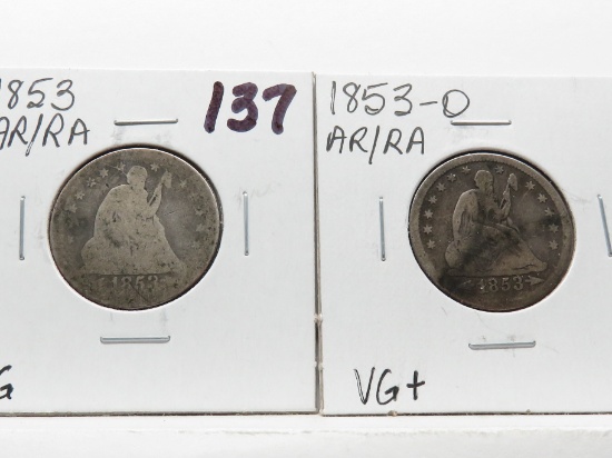 2 Seated Liberty Quarters: 1853 AR/RA AG, 1853-O VG+