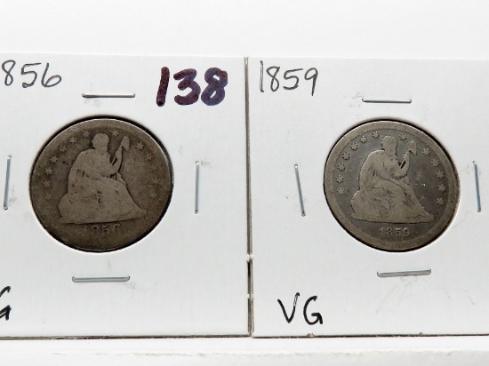 2 Seated Liberty Quarters: 1856 AG, 1859 VG