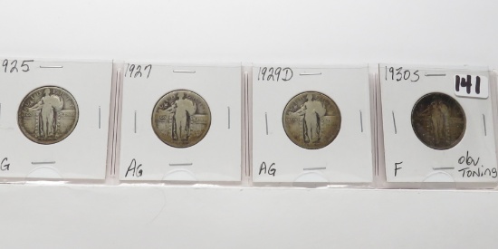 4 Standing Liberty Quarters: 1925 VG, 27 AG, 29D AG, 30S F obv toning