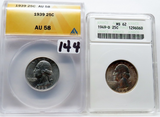 2 Washington Quarters: 1939 ANACS AU58, 1949D ANACS MS62 older holder