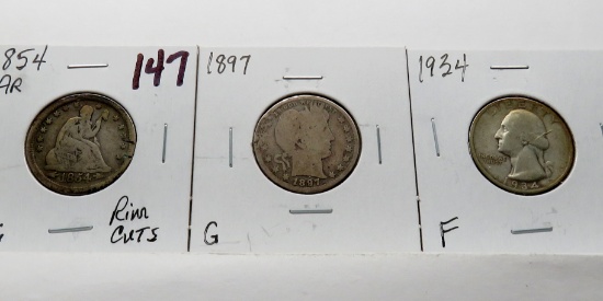 3 Type Quarters: Seated 1854 AR VG rim cuts, Barber 1897 G, Washington 1934 F