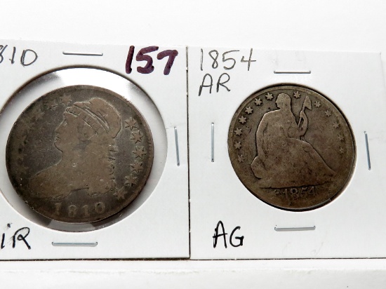 2 Type Half $: Capped Bust 1810 Fair; Seated Liberty 1854 AR AG