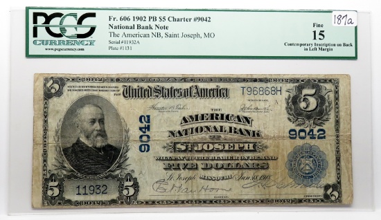 $5 National 1902 PB, American Natl Bank St Joseph MO, CH9042, SN T96868H/11932, PCGS F15, contempora