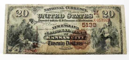 $20 National 1882 BB New England Natl Bank KC, CH 5138, FR504, SN K46392, VG-F pinholes