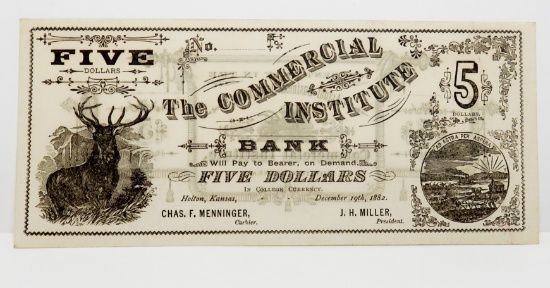 $5 Commercial Institute College Currency 1882 Holton, KS, CH Unc