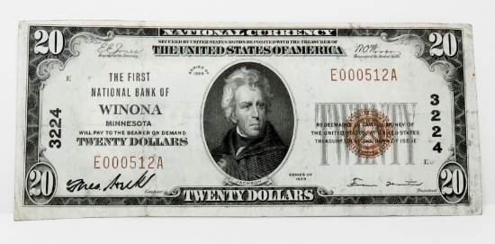 $20 National 1929, 1st Natl Winona MN, CH 3324, SN E000512A, VF+