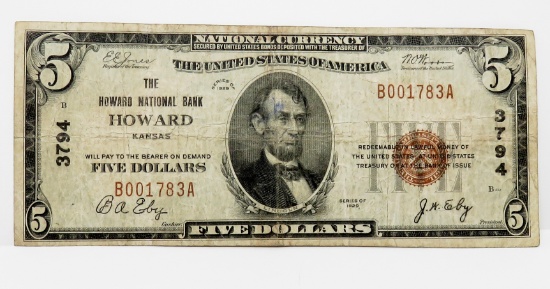 $5 National 1929, Howard Natl Bank Howard KS, CH 3794, SN B001783A, Fine