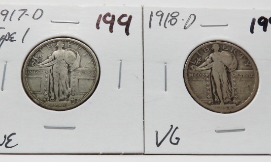 2 Standing Liberty Quarters 1917-D Type 1 Fine & 1918-D Very Fine