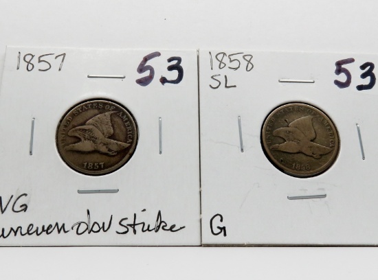 2 Flying Eagle Cents: 1857 VG uneven obv strike, 1858 SL Good
