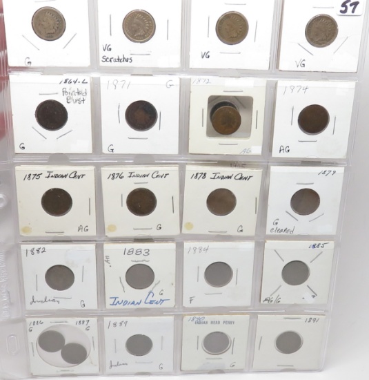 35 Indian Cents, AG-F some clea: 1859, 61-63, 64 pointed bust, 71, 72, 74, 75, 76, 78, 79, 82-87, 89