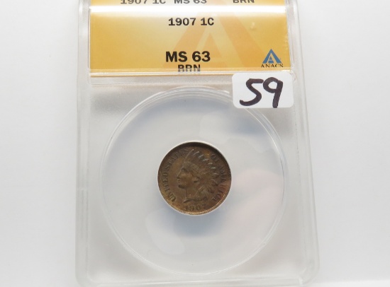 Indian Cent 1907 ANACS MS63 Brown