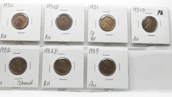 7 Lincoln Cents 1930 to 1933 AU; 1930; 30-D; 31; 31-D; 32 ?CLD; 32-D; 33