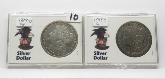 2 Morgan $ in plastic holders: 1889-O VG, 1898S G