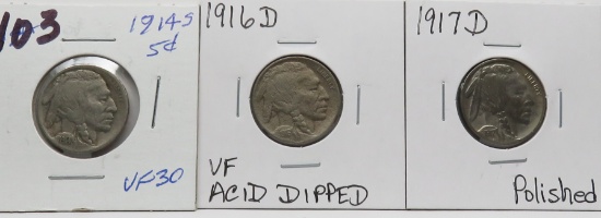3 Buffalo Nickels: 1914S VF, 16D VF acid dip, 17D polished