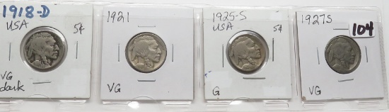 4 Buffalo Nickels: 1918D VG dark, 21 VG, 25S G, 27S VG