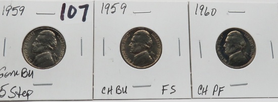3 Jefferson Nickels: 2-1959 Full Step (Gem BU, CH BU), 1960 CH PF