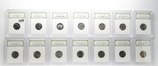 14 INB Jefferson Nickels: 3 PF (1962, 76S, 05S Bison); 11 BU (59, 2-60D, 61, 62D, 65, 68S, 72PD, 75D