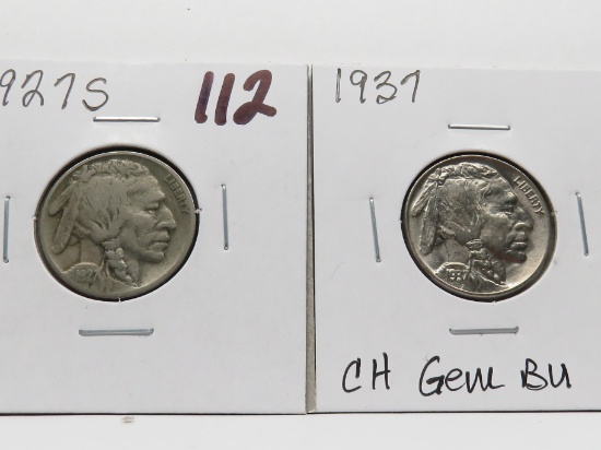 2 Buffalo Nickels: 1927S F, 1937 CH Gem BU