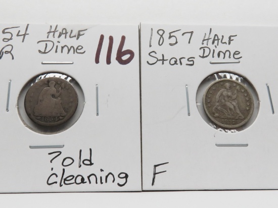2 Seated Half Dimes: 1854 AR G ?old cleaning, 1857 Stars Fine