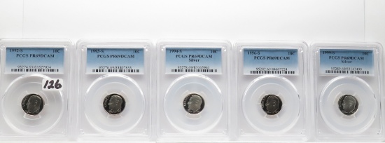5 PCGS PR69 DCAM Roosevelt Dimes: 1992S, 93S, 94S Silver, 96S, 99S Silver