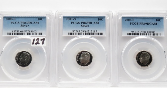 3 PCGS PR69 DCAM Roosevelt Dimes: 2000S Silver, 01S Silver, 03S