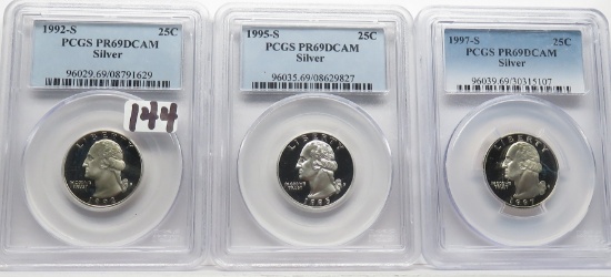 3 Silver Washington Quarters PCGS PR69 DCAM: 1992S, 1995S, 1997S