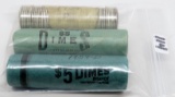 3 Rolls (150) Unc-BU Silver Roosevelt Dimes: 1956, 2 appear unopened (57D, 59D)