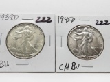2 Walking Liberty Half $ 1939-D BU & 1945-D CH BU