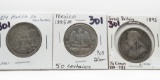 3 Silver World: 2 Mexico (50 Centavos-1874, 1885); Great Britain 1/2 Crown 1893
