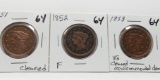 3 Large Cents; 1851 Fine Cld; 52 Fine; 53 VG Cld Env damage