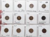 12 Indian Cents; 1859 AG; 60 CH F Corr Rim gouges; 62 Env damage; 63 G Obv ding; 64 CN G/AG; 64 BR G