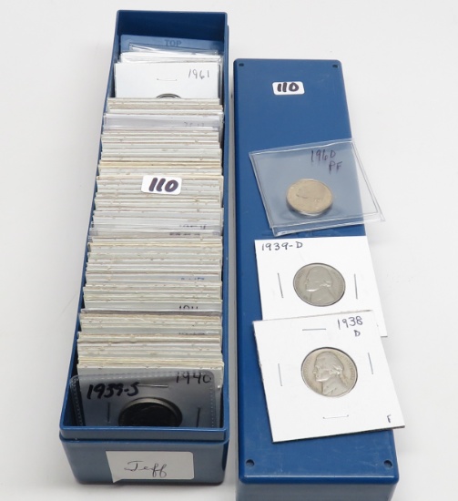 71 Jefferson Nickels plastic 2x2 Box, 1938D-2015D no repeat, Includes 9 War + 9 PF (1960-2000)